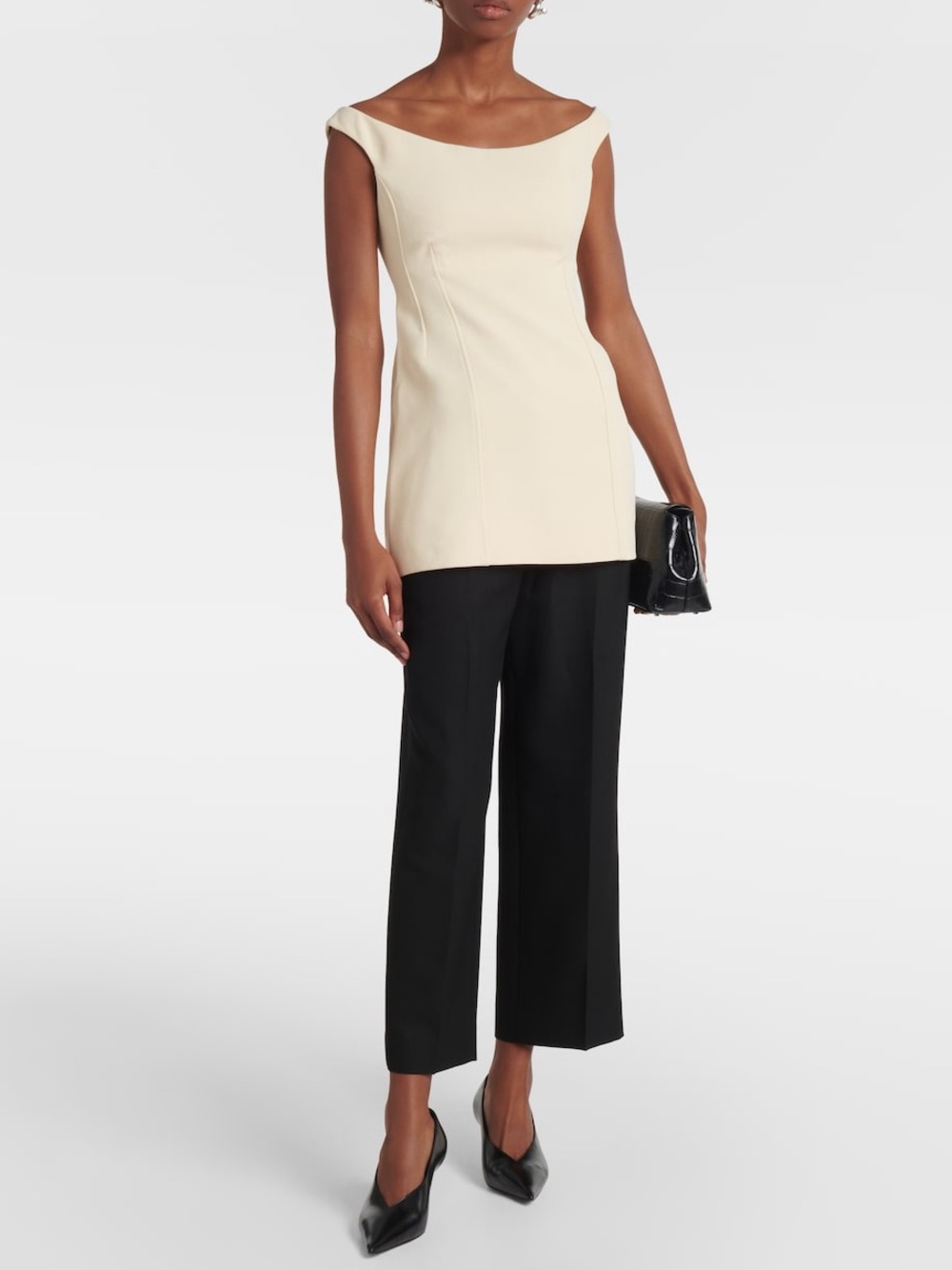 Toteme Eggnog Cream Beige Structured Curved Off-Shoulder Sleeveless Top EU 32